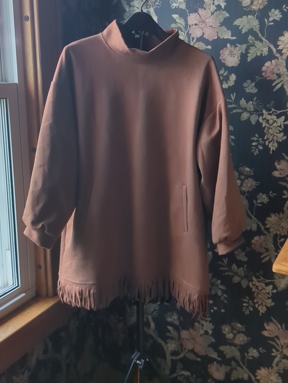 Fringed Mock Neck Tunic Sweatshirt Dress Brown M - Picture 2 of 4